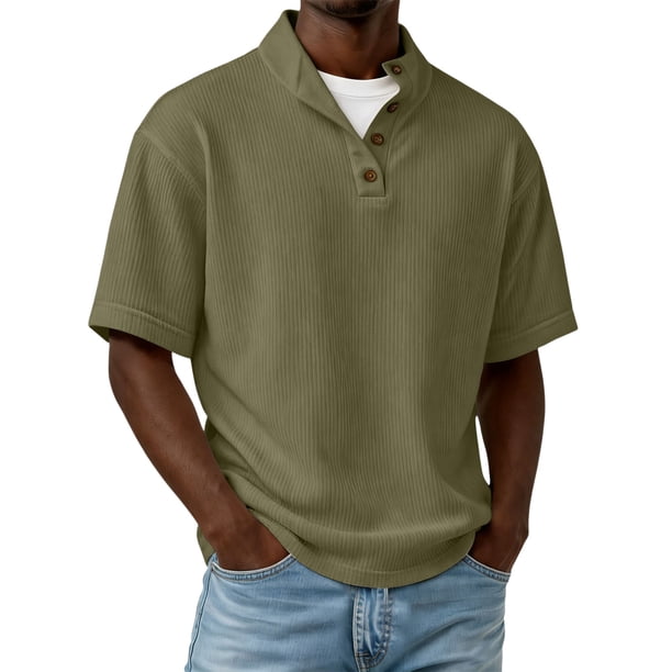 Blusas y camisas de manga corta y cuello redondo para hombre, de pana, color liso, informales, a la moda, con medio botón, cuello alto, manga corta, de poliéster.