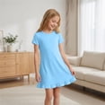 thumbnail image 6 of CPNG Girls Soft Knit Dress Round Neck Short Sleeve A Line Ruffled Dress Summer Casual Dress Homewear Dress Sleepwear Dress(Light Blue,13-14 Years), 6 of 9