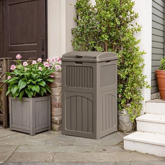 Devoko  All-Weather use Trashbin with Lid, Patio Resin Hideaway Trash Can with Waterproof for Backyard, Light Brown