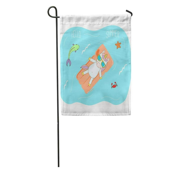 POGLIP Cute Unicorn in Sunglasses Floating The Sea on Inflatable Air Mattress Fish Starfish and Crab Text Garden Flag Decorative Flag House Banner 28x40 inch
