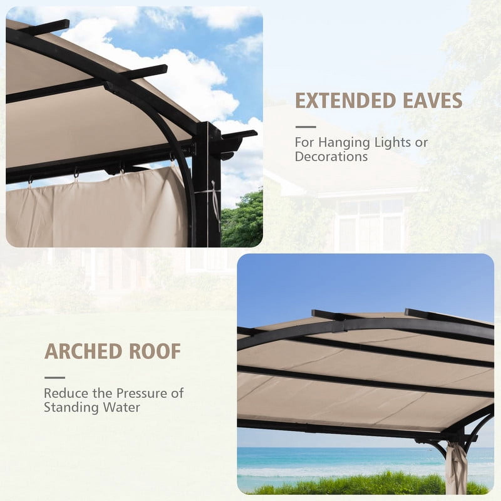 GAZEBETER 10' x10' Outdoor Arched Pergola,Metal Patio Gazebo with Sun Shade Canopy and Curtains for Gardens,Patios,Backyards (Beige)