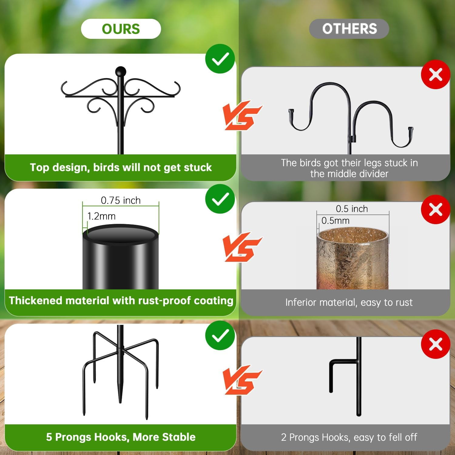 92 Inch Double Shepherds Hooks for Outdoor, Heavy Duty Bird Feeder Pole with 5 Base Prongs, Adjustable Garden Hanging Holder for Bird Feeders, Lanterns, Plant Hanger Stands, Weddings Decor