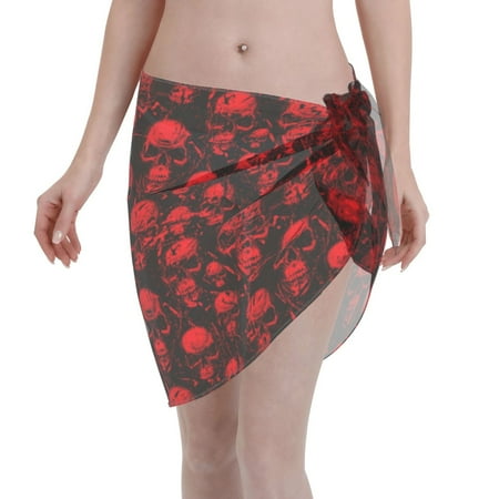 Adobk Women Beach Sarong Bathing Suit Red Skulls Print Wrap Skirt Sheer Bikini Swimsuit Cover Ups For Swimwear