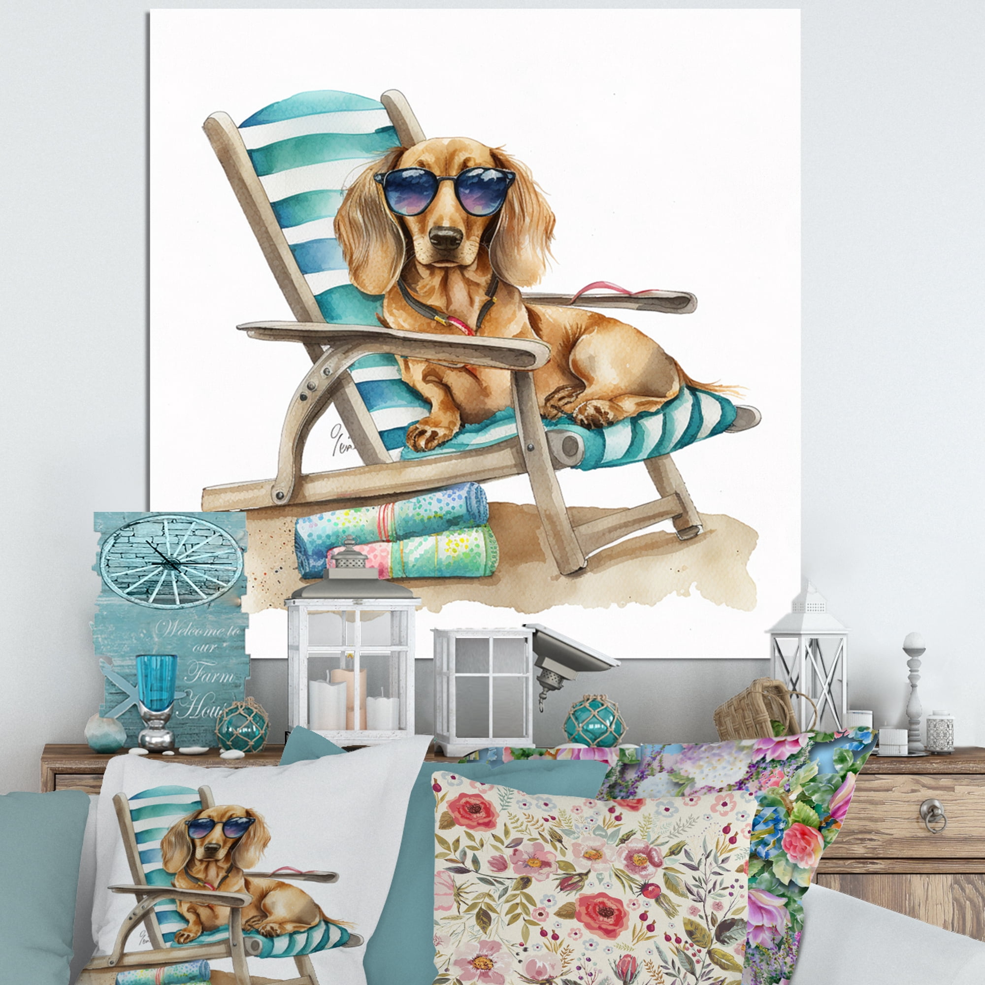 Designart Dog Lounging On The Beach With Sunglasses V Canvas Wall Art
