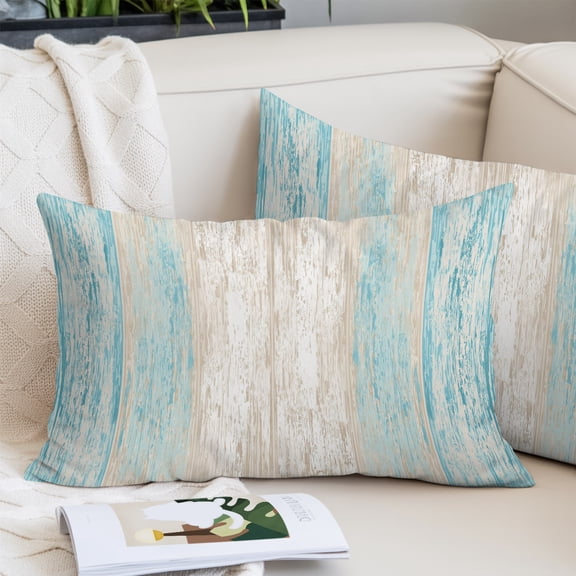 Aqua Blue Wooden Throw Pillow Cover, Pillowcase Protectors with Zipper, Breathable Decorative Lumbar Pillow Case Cover, Farmhouse Brown Vintage Distressed Pillow Shams for Couch Sofa 16x24Inch