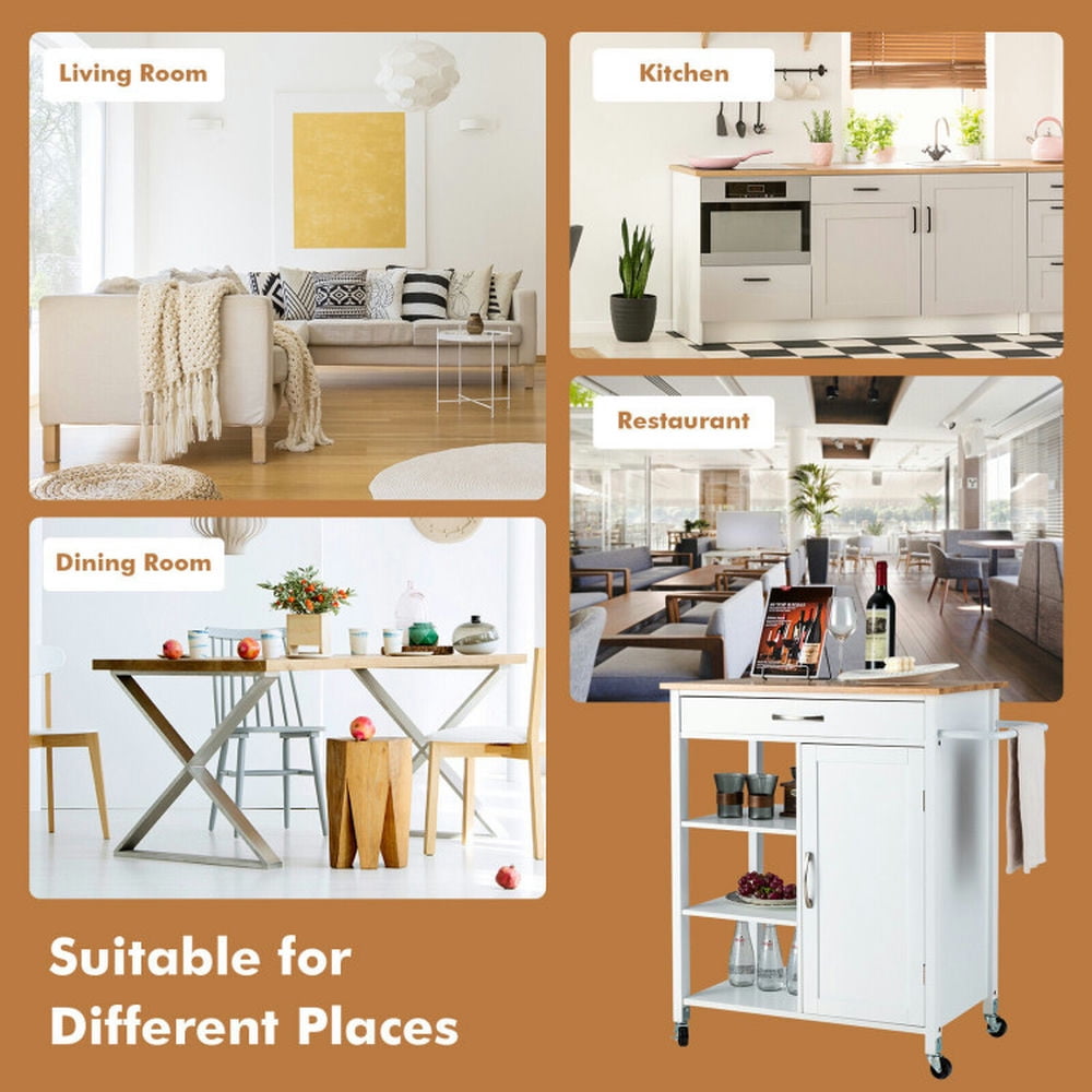 Finihen Rolling Cart, Kitchen Island Cart, Mobile Kitchen Island Cart with Rubber Wood Top, for Kitchen, Dining Room, White Finihen Rolling Cart, Kitchen Island Cart, Mobile Kitchen Island Cart with Rubber Wood Top, for Kitchen, Dining Room, White