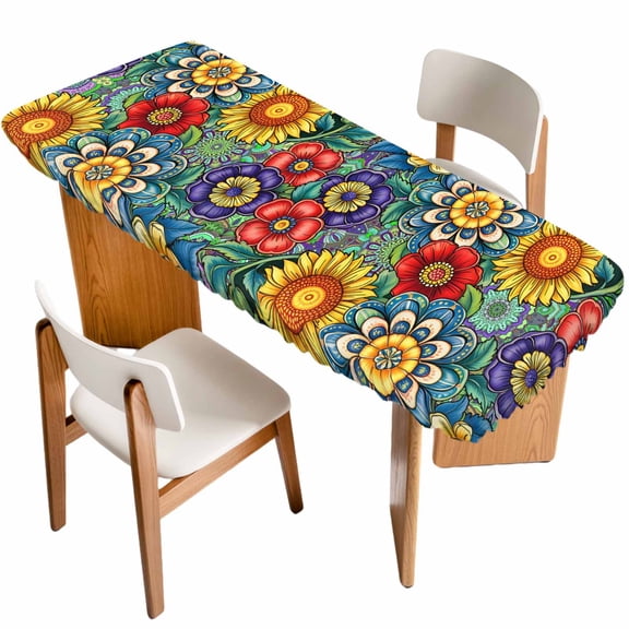 Boho Colorful Floral Table Cloths for 8 Foot Rectangle Tables, Spring Flower Botanical Sunflowers Plant Patio Waterproof Elastic Fitted Tablecloths, Washable Rectangular Table Cover for Camping