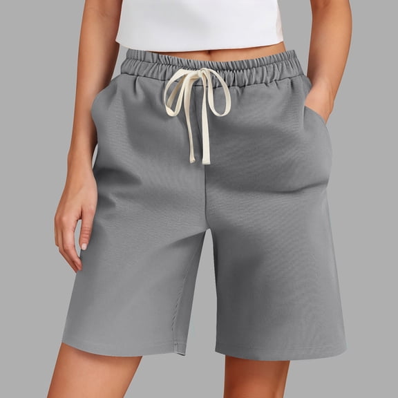 ylioge S-5X Womens Plus Size Bermuda Shorts with Pockets and Drawstring Elastic Waist Straight Leg Casual Solid Color Relaxed Athletic Workout Short