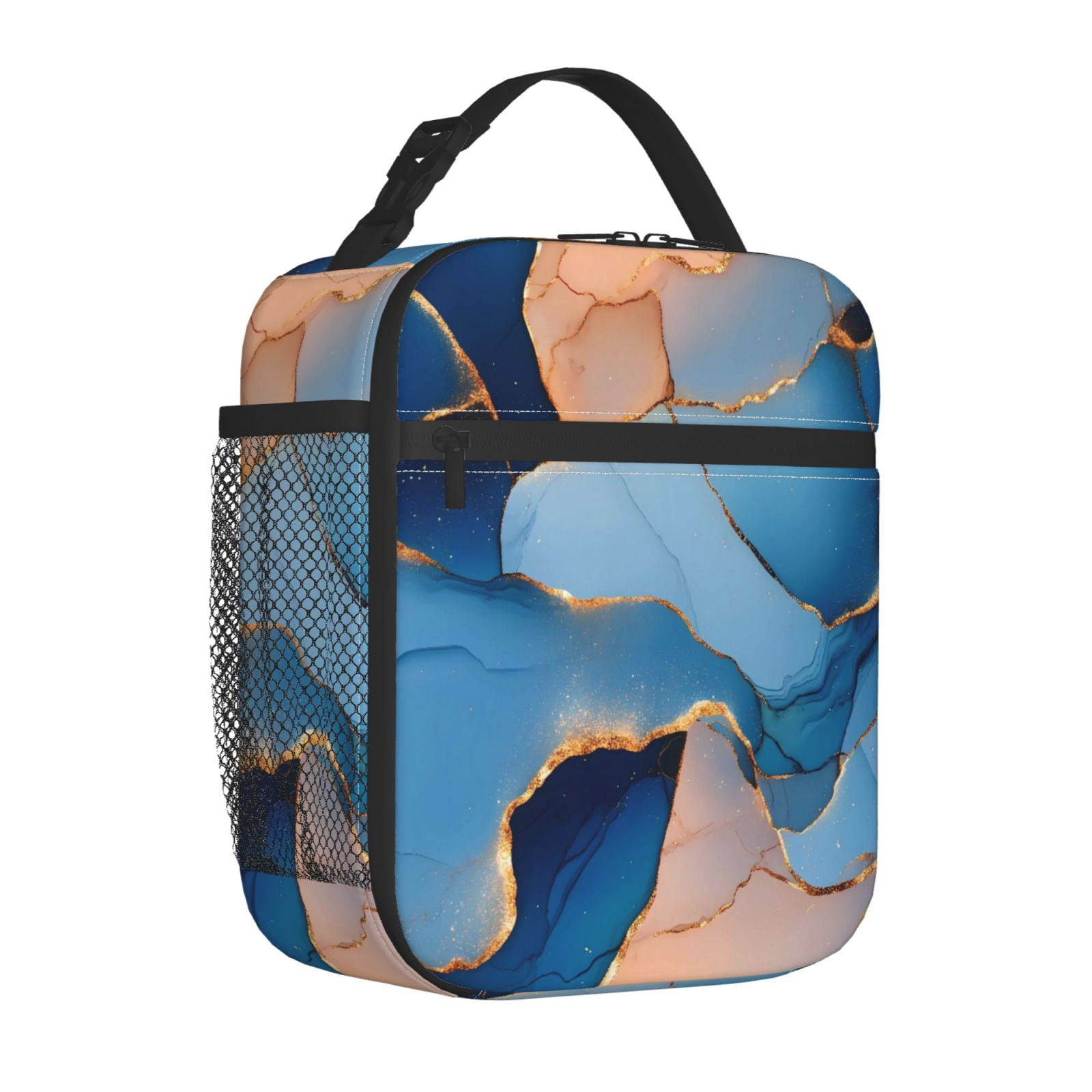Lunch Bag For Women Men Insulated Portable Lunch Box Bento Box Office Picnic Travel Cooler Bag Blue And Beige Gold Marble