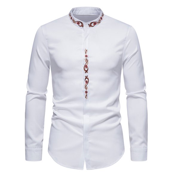 Fesfesfes Blouse Shirt for Men Casual Stand Collar Cutton-down Embroidery Shirt Long Sleeve Shirt