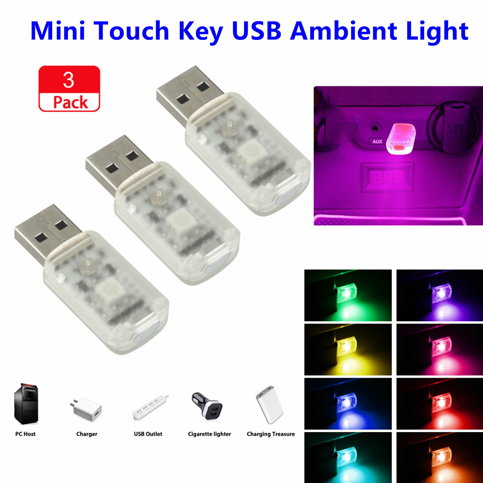 3x Mini LED USB Car Interior Light Touch Key Atmosphere Ambient Lamp Accessories 