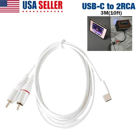 White 3m / 10ft USB Type C to 2 RCA Jack Converter Cable for Ipad pro, Galaxy US