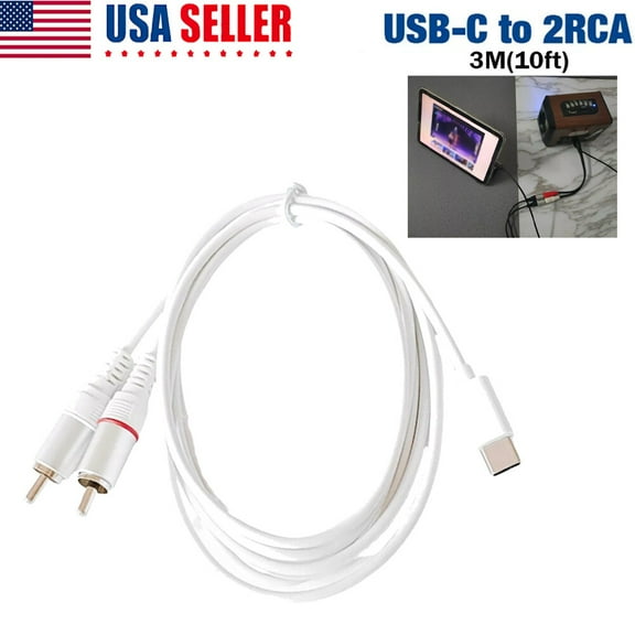 White 3m / 10ft USB Type C to 2 RCA Jack Converter Cable for Ipad pro, Galaxy US