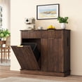 thumbnail image 2 of Blotout 20 Gallon Double Tilt-Out Trash Cabinet,Fluted Laundry Hamper Cabinet with 2 Drawers & Charging Station,Hidden Wooden Garbage Can Cabinet for Kitchen & Living Room, 2 of 10