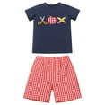 thumbnail image 3 of IBTOM CASTLE Toddler Kids Boys Back to School Outfit Top with Shorts Schoolbus Embroidered Kindergarten Clothes 4-5 Years Navy Blue + Red Plaid, 3 of 8