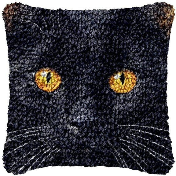 Black Cat Latch Hook Pillow Kits Color Printed Canvas Cushion Crochet Yarn Needlework Hook Latch Kit DIY Embroidery Pillowcase Rug Cover Home Sofa Christmas Decor 43x43cm(6)