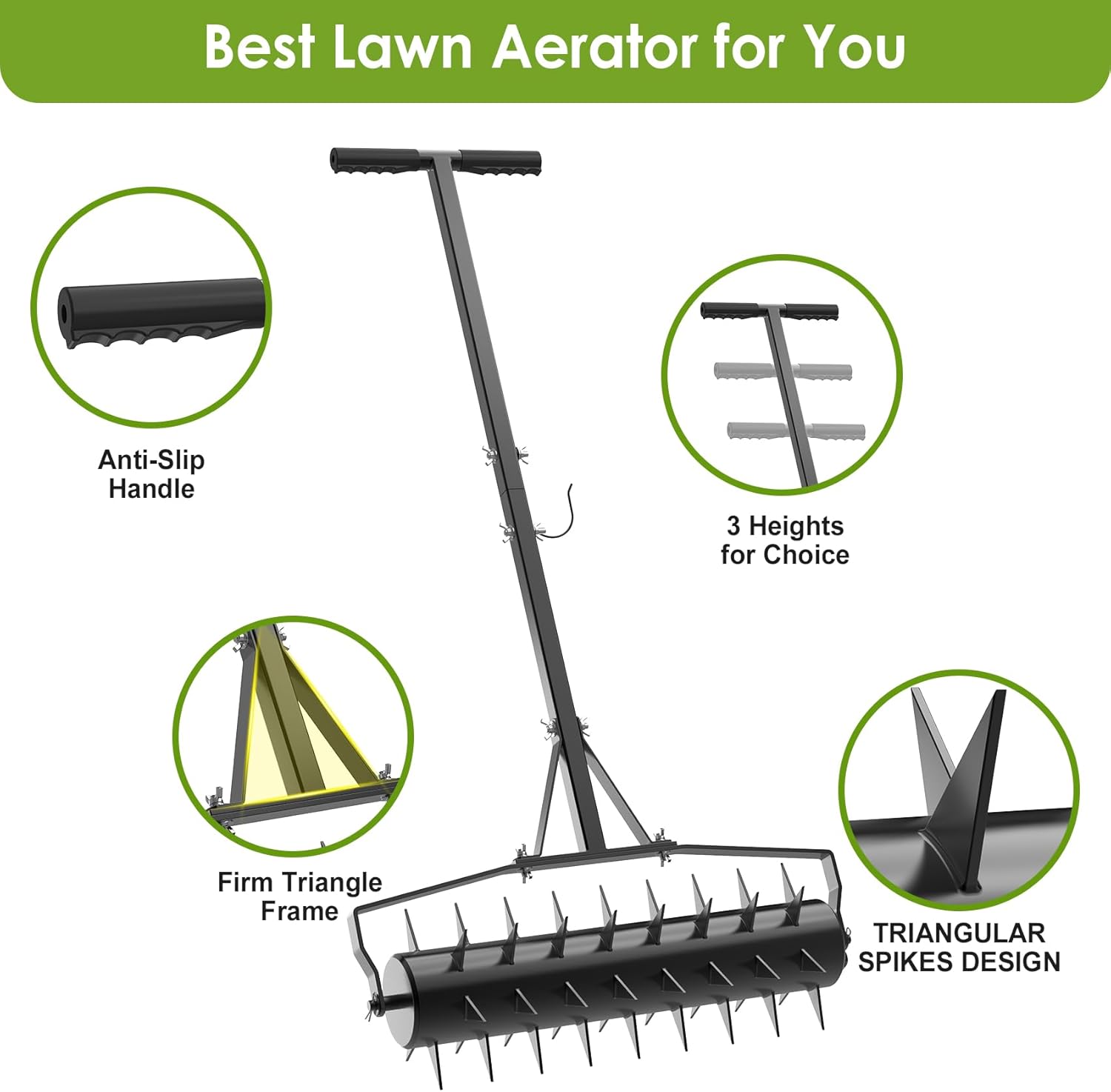 DKMOCO 18in Rolling Lawn Aerator, Heavy Duty Aerator Lawn Soil Spikes Penetrator w/3 Adjustable Height Handles, Manual Aerator Lawn Tool for Garden Yard