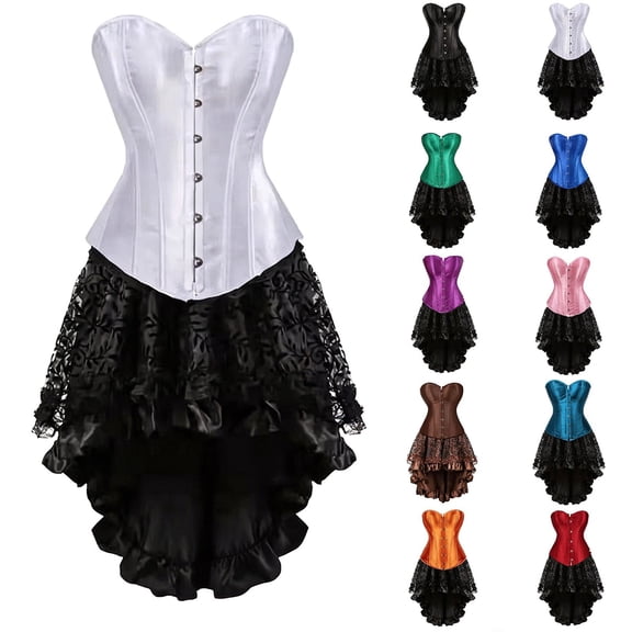 LILIYA Women Corset Set with Floral Skirt, Overbust Bustier Shapewear with Lace Up Back, Flocking Mesh Waist Cincher Bodysuit for Halloween Party, Elegant 2 Piece Corset Dress