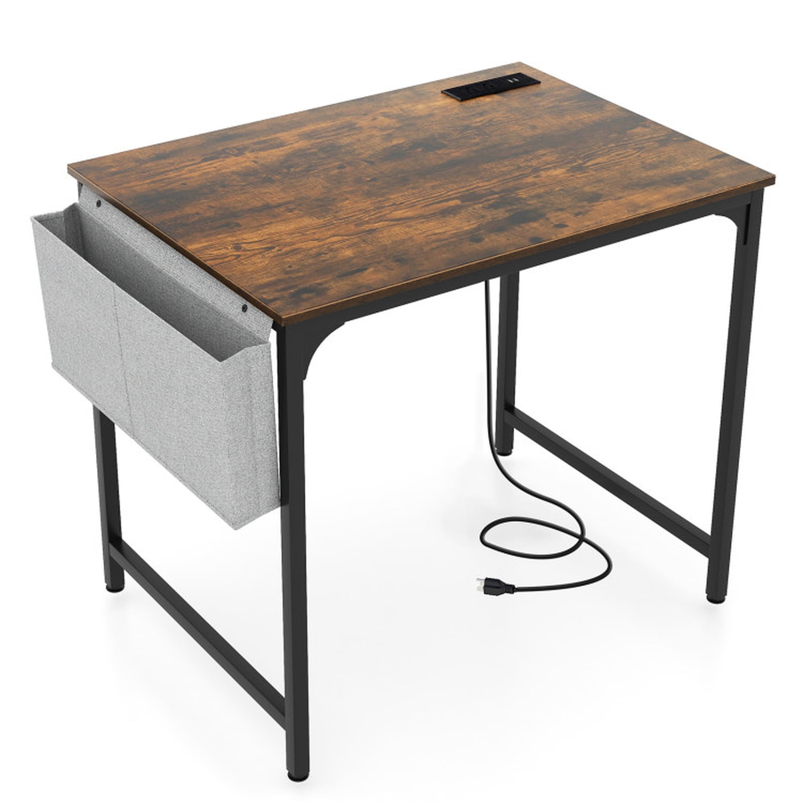 Furnibear 32 Inch Home Office Writing Desk with Charging Station Storage Bag and Headphone Hook - Rustic Brown