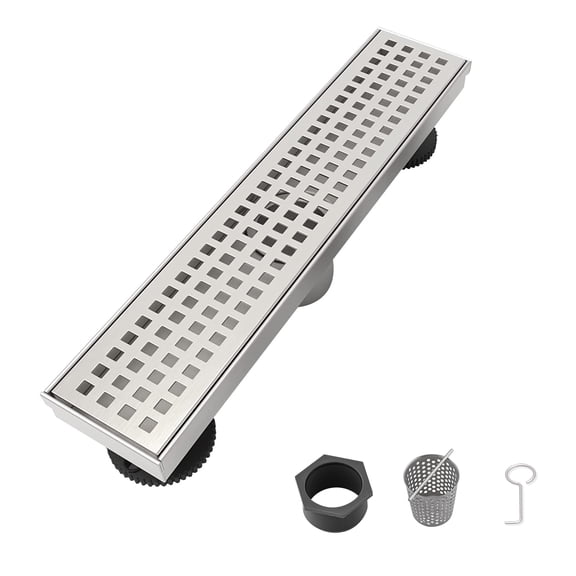12 Inch Linear Shower Drain - Removable Square Patterned Grate 304 Stainless Steel with Hair Strainer & Leveling Feet Brushed Nickel
