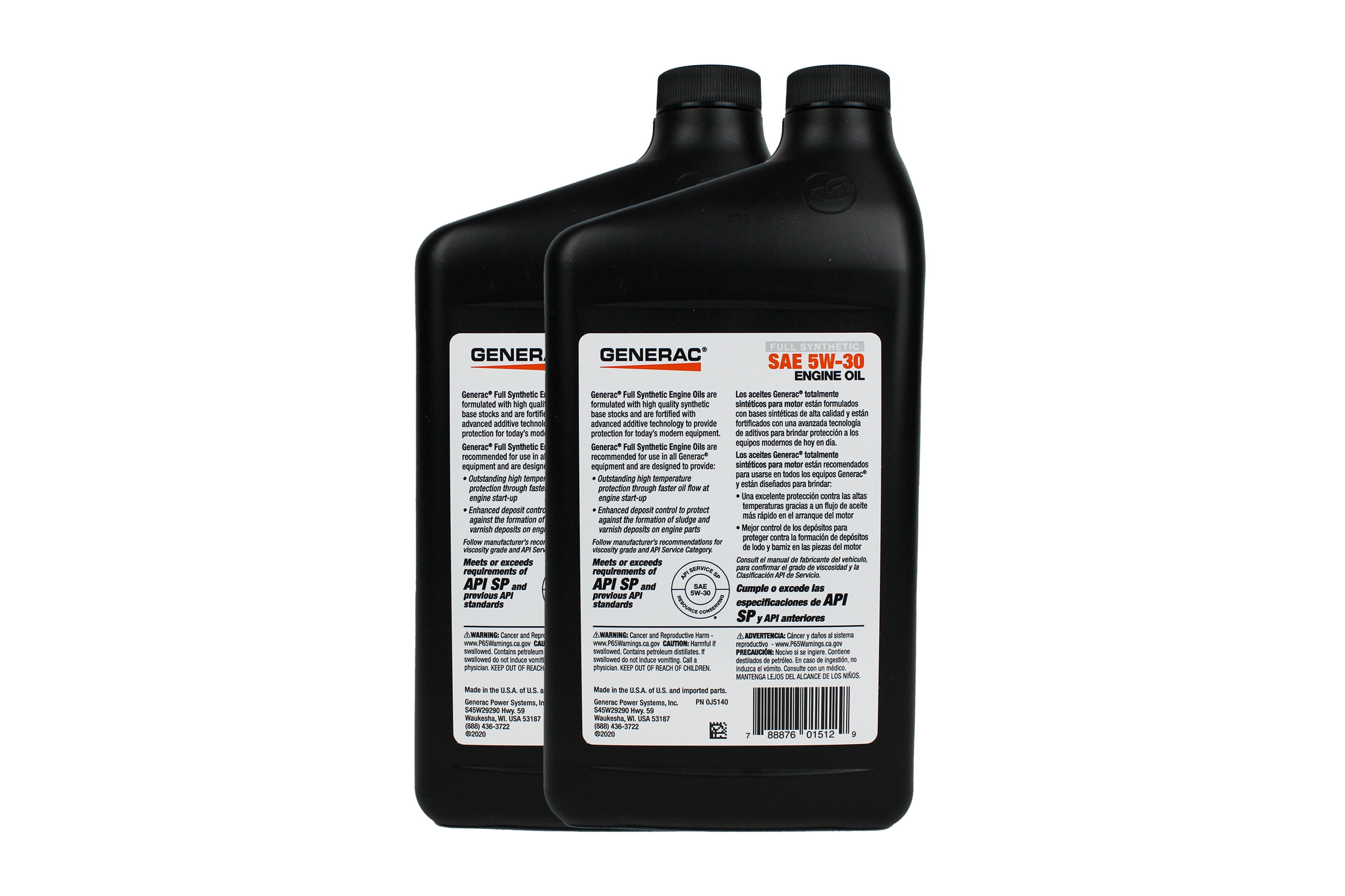 2-Quart Generac Full Synthetic Motor Oil 5W-30 SN | Outstanding Viscosity Stability, Superior Engine Protection, Reduces Friction, Prevents Sludge | Extended Engine Life| API SN Certified