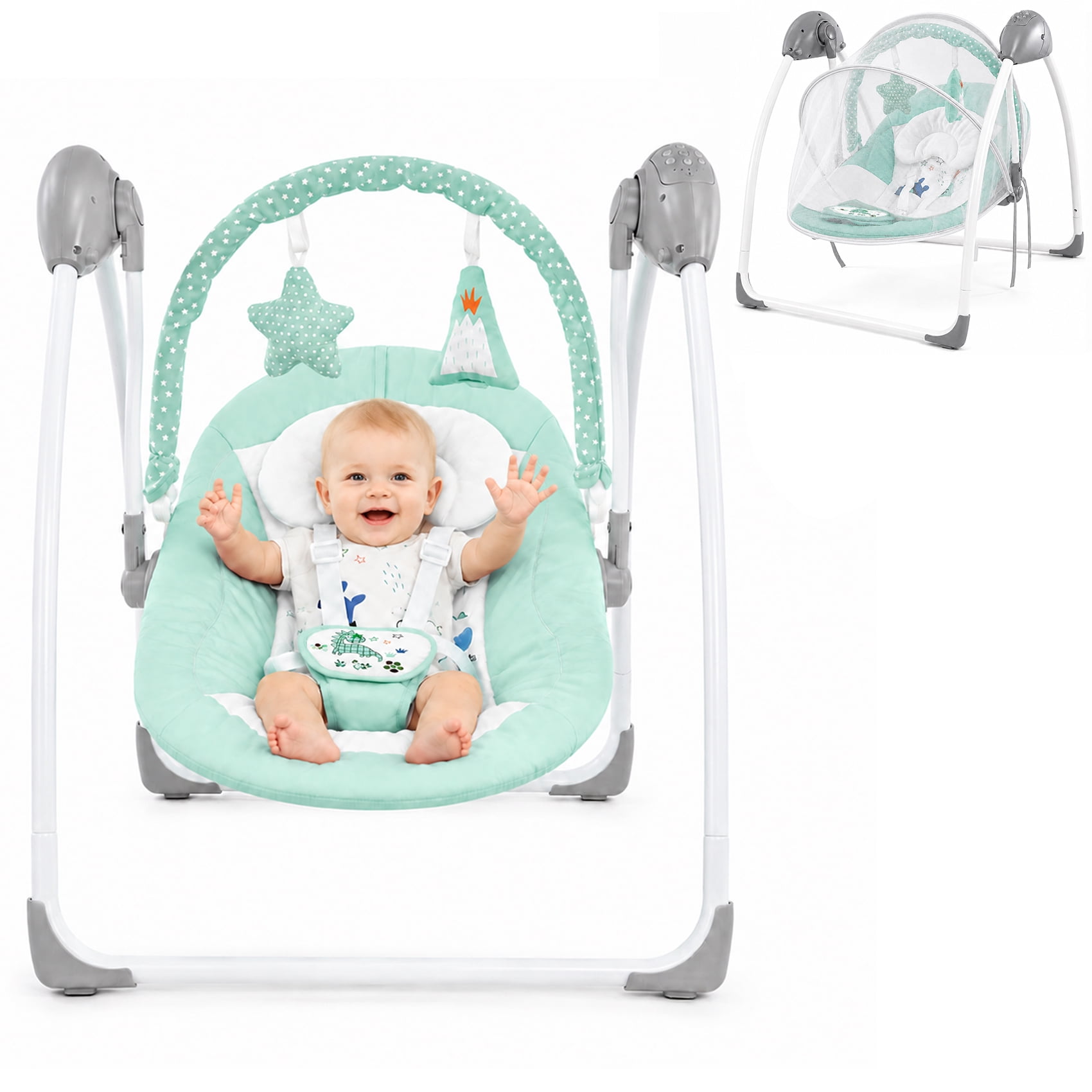 Hlieoar Electric Portable Compact Baby Swing, 5 Speed Rocker with Hanging Toys for Infants 0-9 Months 6-25 lbs, Green