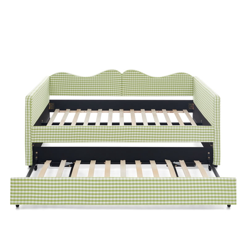 Full Size Gingham Daybed with Trundle, Upholstered Day Bed Frame with Side Storage Pocket & Wave-Shaped Backrest, Modern Sofa Bed for Living Room, Bedroom, No Box Spring Needed