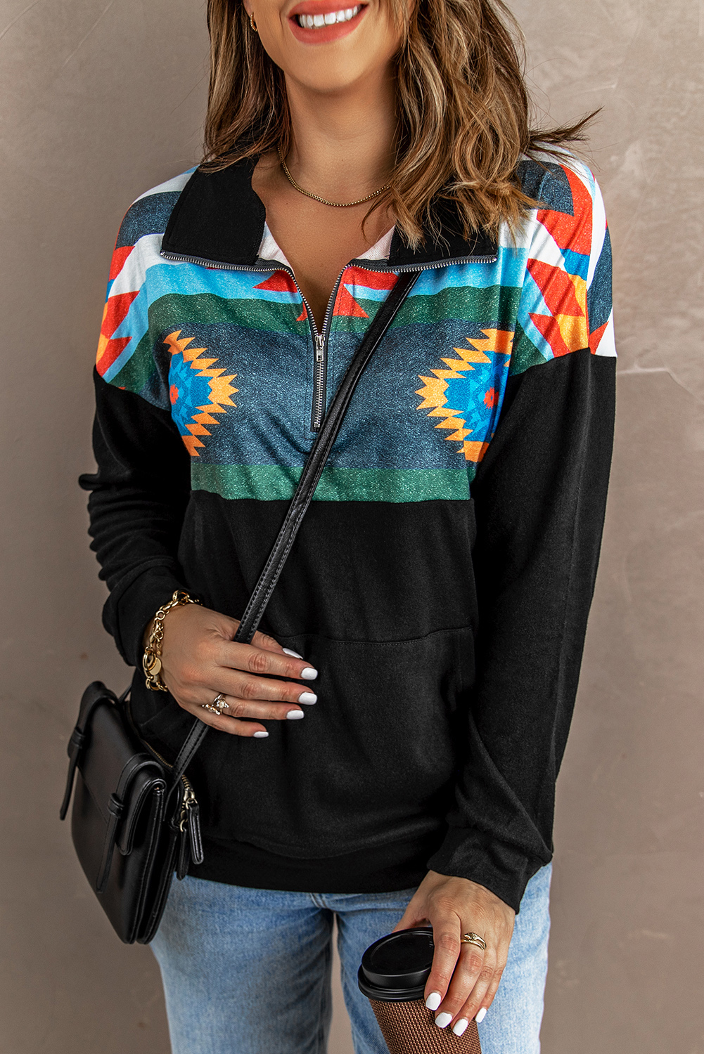 Women's Aztec Print Atop Black Pullover 