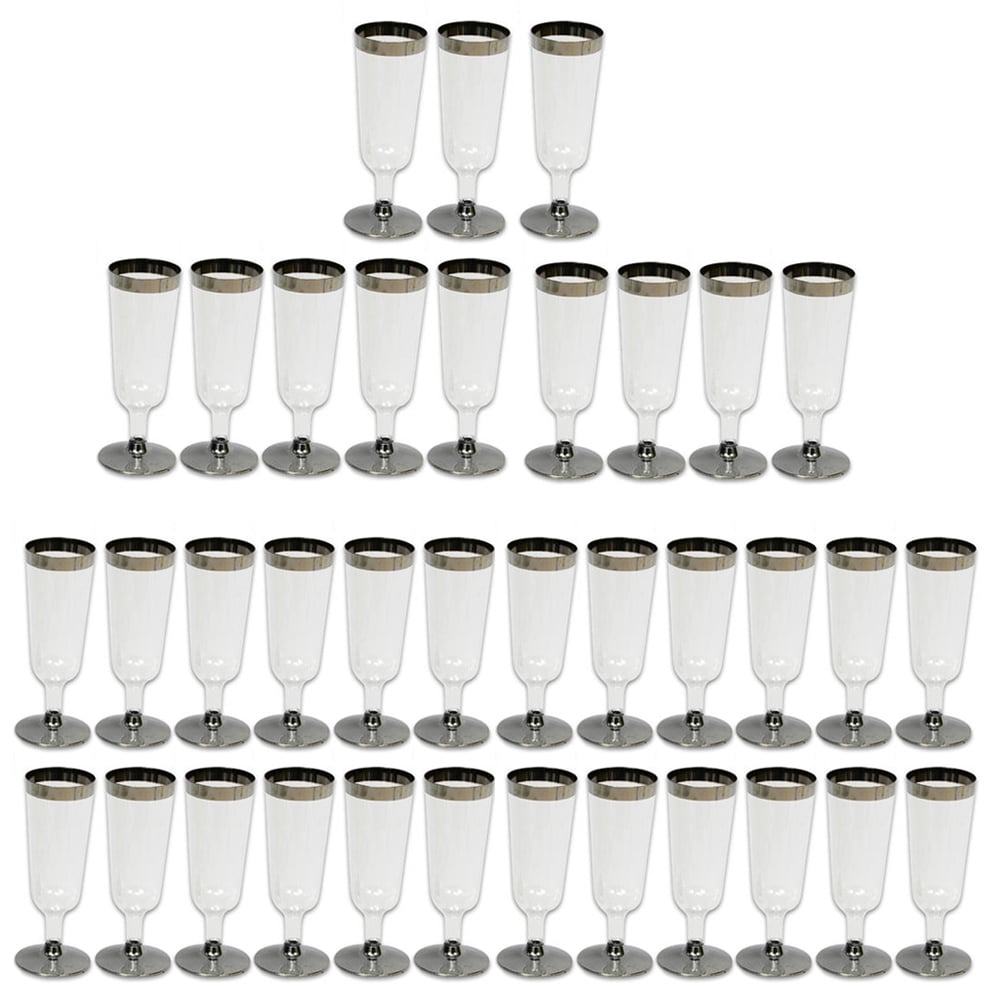 60 x Champagne Flute Disposable Wedding Party Plastic Silver Rimmed Wine Glass