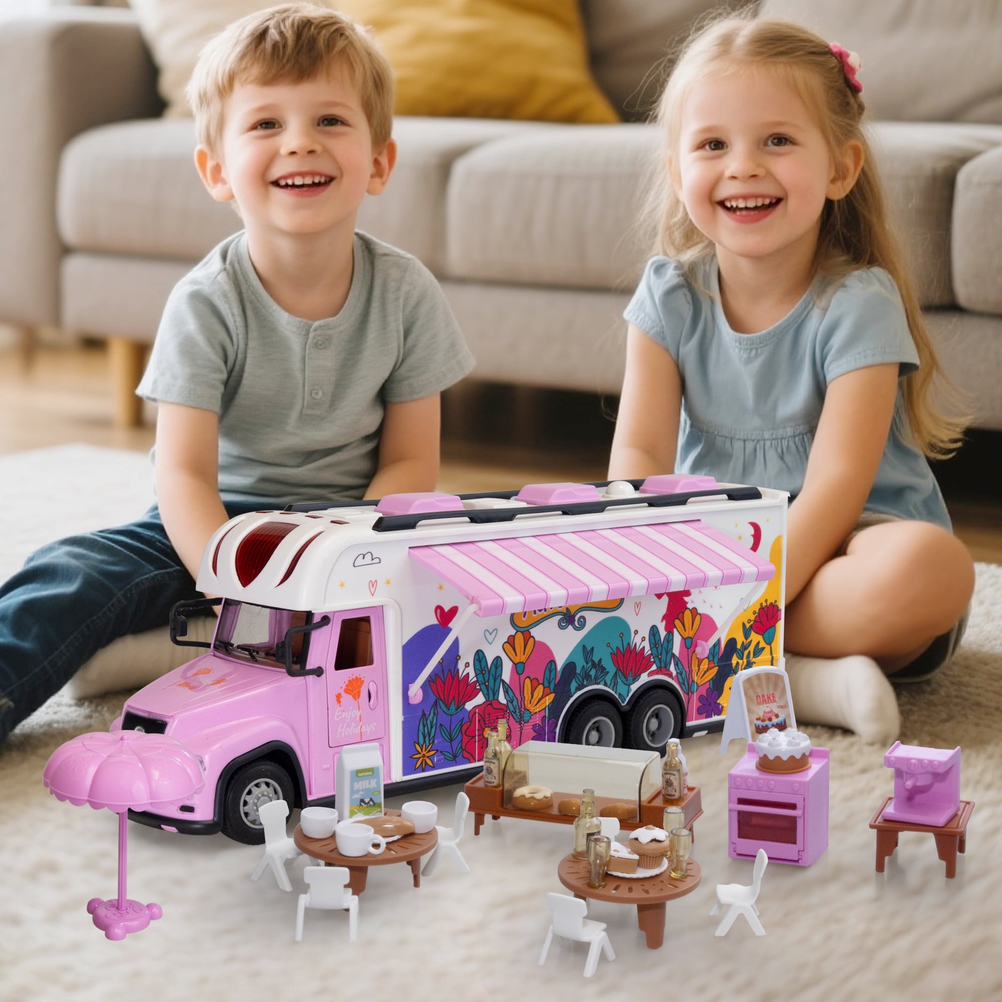 SaveJoy Remote Control Cars, 1:18 RC Car Recreational Vehicle, Toys Campervan RC Motorhome for Kids Boys Girls, with Playset, Pink