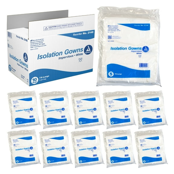 Dynarex Isolation Gowns - Full-Length, Max-Coverage Disposable Gowns - PPE Hospital Gown with Elastic Cuffs, Sewn Seams, Long Waist Ties - Non-Woven, No Latex - White, 7XL, 1 Case - 10 Bags of 5