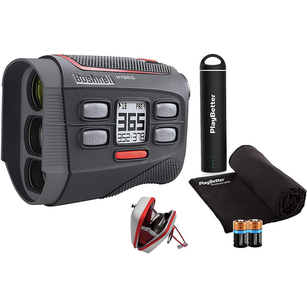 Bushnell Hybrid Golf Laser Rangefinder + GPS Bundle | +PlayBetter 2200mAh Portable Charger, PlayBetter Microfiber Towel (Black), Premium Carrying Case with Carabiner Clip & CR2 Batteries (x2)
