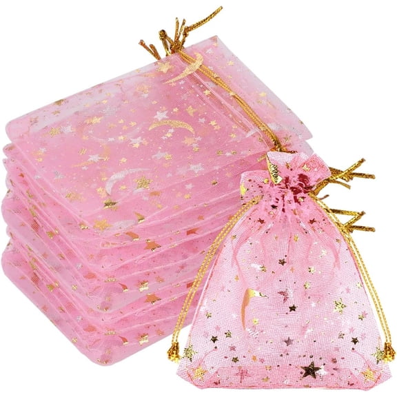 Sweet Pink Moon and Star Organza Gift Bags, 100 Pack Sheer Drawstring Pouches, 2.7x3.5 Inch Favor Bags for Baby Showers and Girls Parties