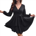 thumbnail image 3 of Vestido Corto de Mujer, Larga, Escote en V Profundo, Cintura con Lazo y Volantes, Estilo . Negro XL, 3 of 8