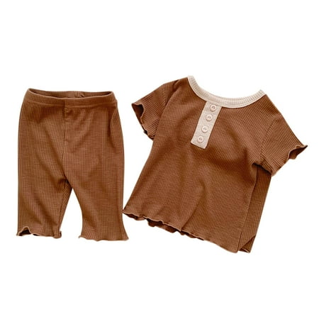 

LBECLEY Tracks Clothes Kids Toddler Baby Boys Girls Ribbed Patchwork Short Ruffled Sleeve T Shirt Blouse Tops Solid Shorts Pants Sleepwear Pajamas Outfit Set 2Pcs Clothes 7 Slim Girls Brown 90