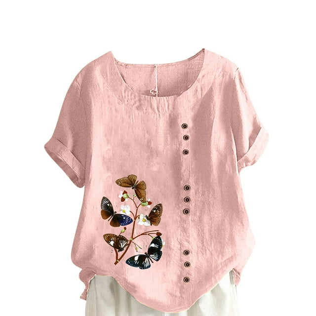 Birdeem Womens Summer Oversize Casual Round-Neck Short Sleeve Flower Printing Loose Shirt Tops