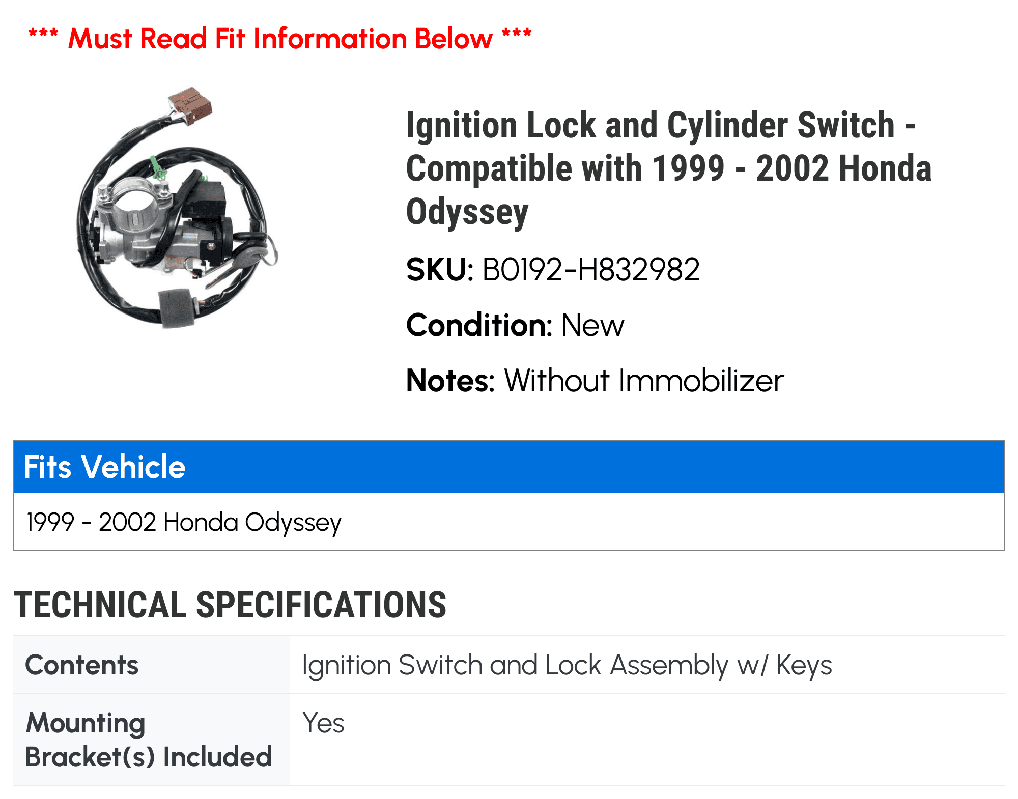 Ignition Lock and Cylinder Switch - Compatible with 1999 - 2002 Honda Odyssey 2000 2001
