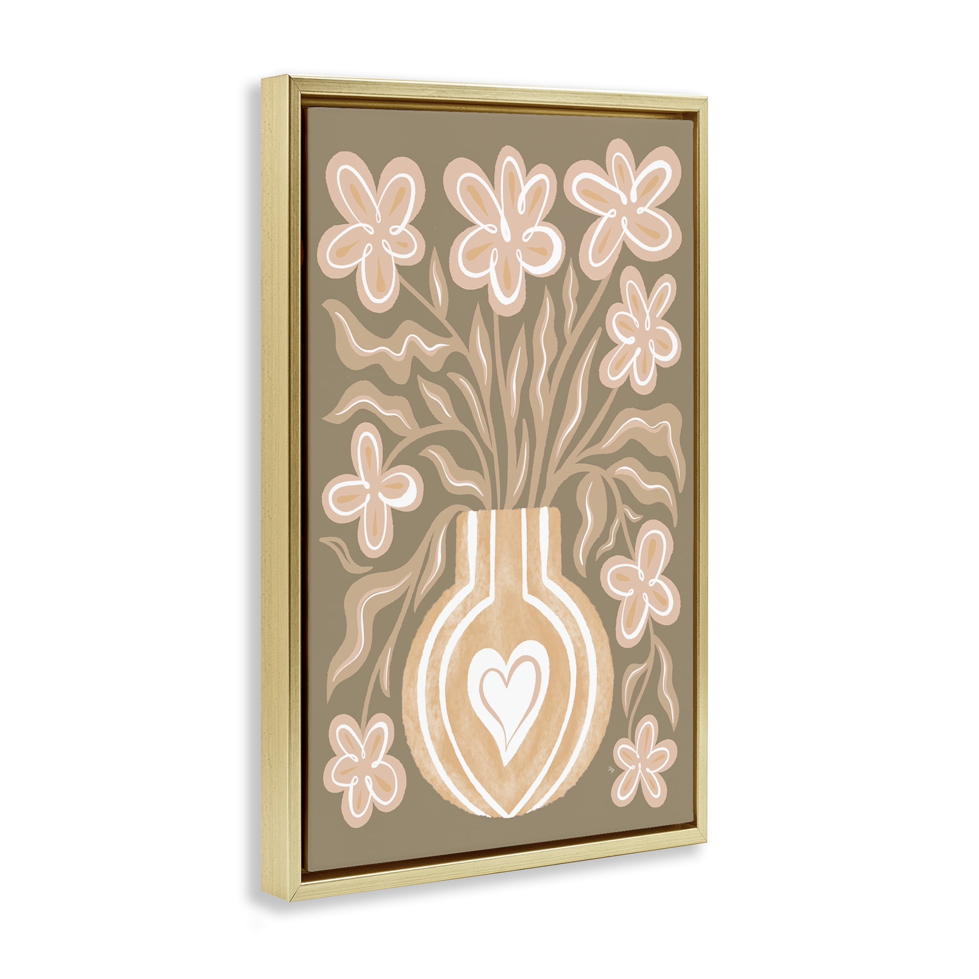 Stupell Industries Pink Retro Flower Vase Floral & Botanical Painting Gold Floater Framed Canvas Art Print Wall Art, 17 x 25