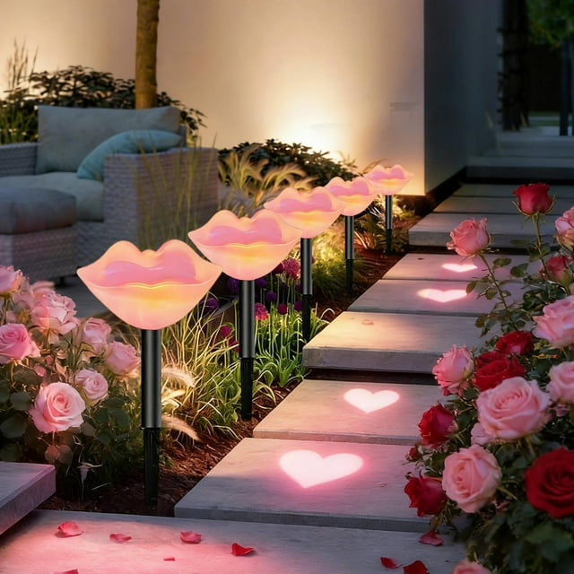 Guirnalda de Luces Solares Led 5 En 1 para Jardín, Ideal para San Valentín | Decoración de Jardín Exterior Impermeable de Plástico Rosa y Rojo con Energía Solar | Decoración Navideña para Vallas de P