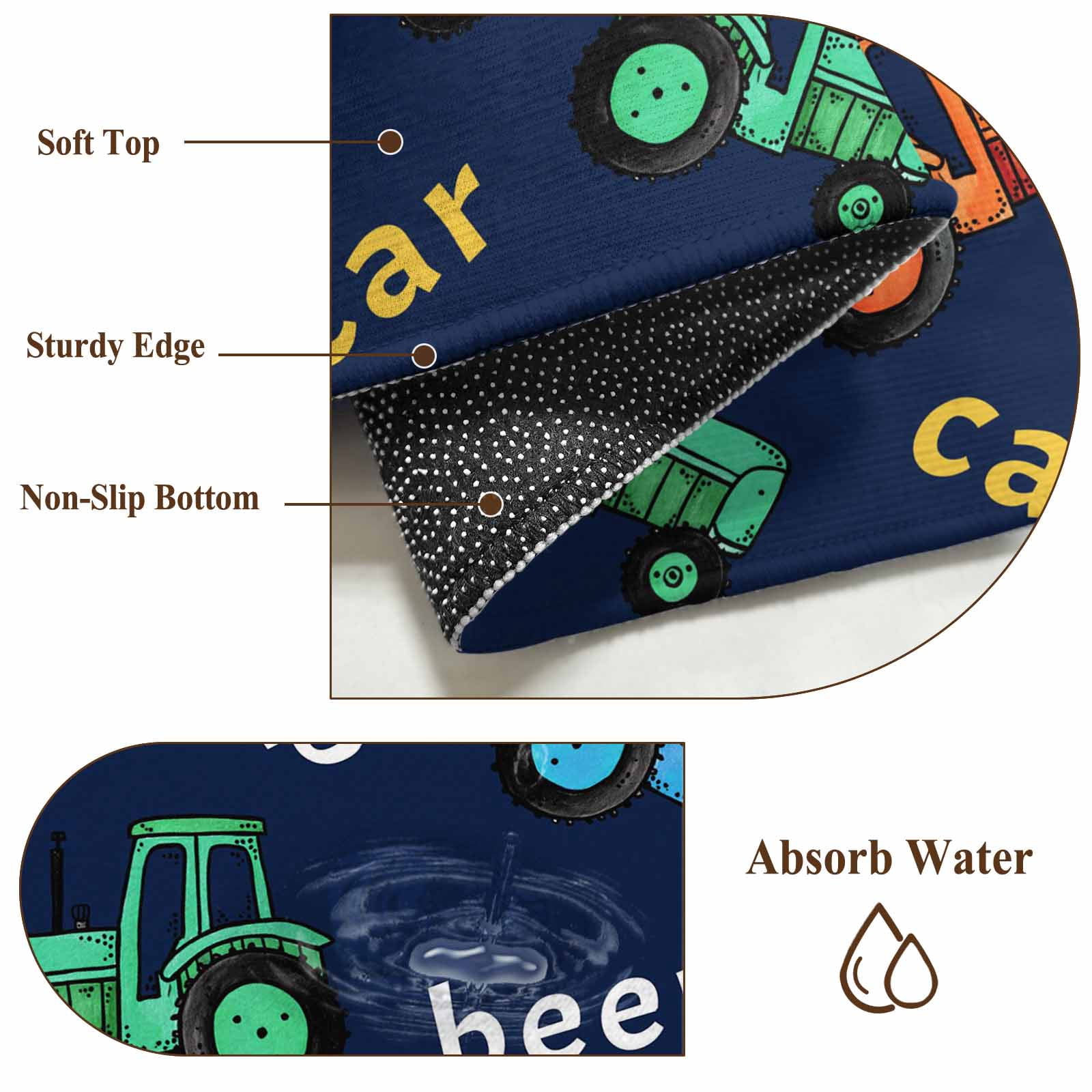 Cartoon Tractor Round Area Rug 6Ft Washable Circle Rugs for Bathroom Office, Cute Beep Car Digger Shovel Truck Navy Blue Non-Slip Carpet Floor Mats Indoor Outdoor Carpet Runner Aesthetic Home Decor