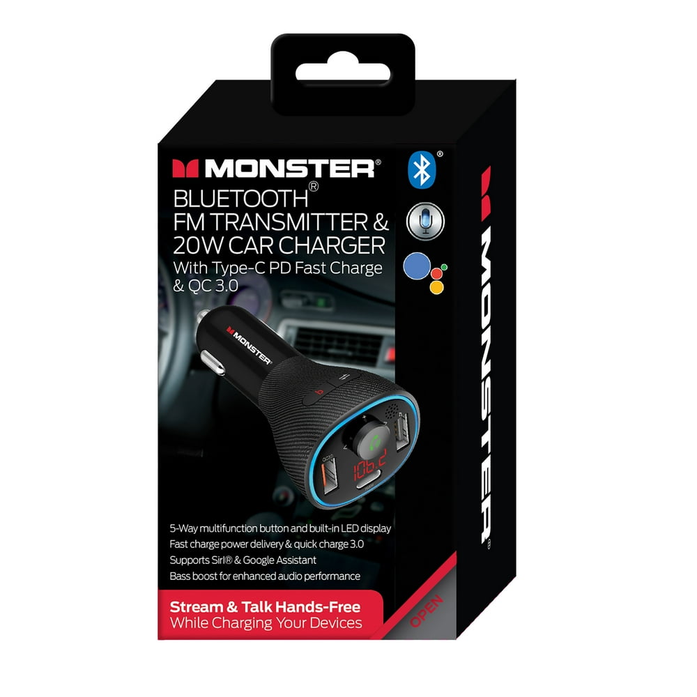 Monster Bluetooth FM Transmitter 20W Type C, QC 3.0 Car Charger w/ Dual ...