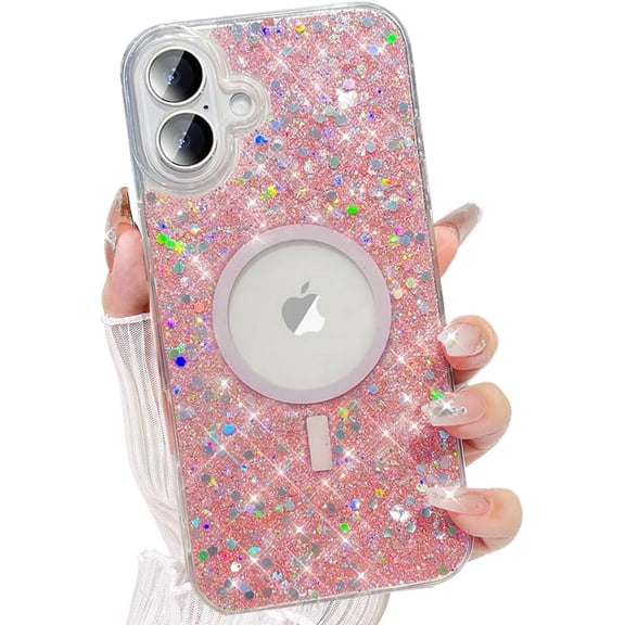 Glitter Magnetic Case for iPhone 16 Plus, [Compatible with MagSafe] Shockproof Sparkle Bling Clear TPU Bumper Drop Protection Phone Case for Girls Women Cover for iPhone 16 Plus 6.7, Pink