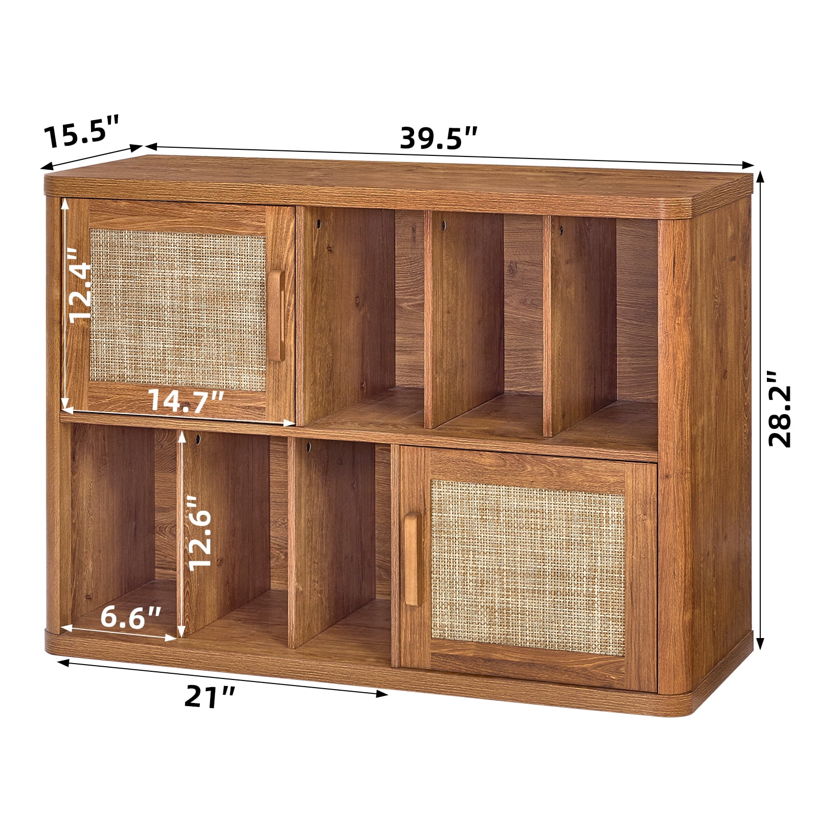 Rattan Boho Large Record Player Stand, Modern Stereo Turntable Table with Record Storage, Vinyl Record Storage Cabinet, Tea Brown