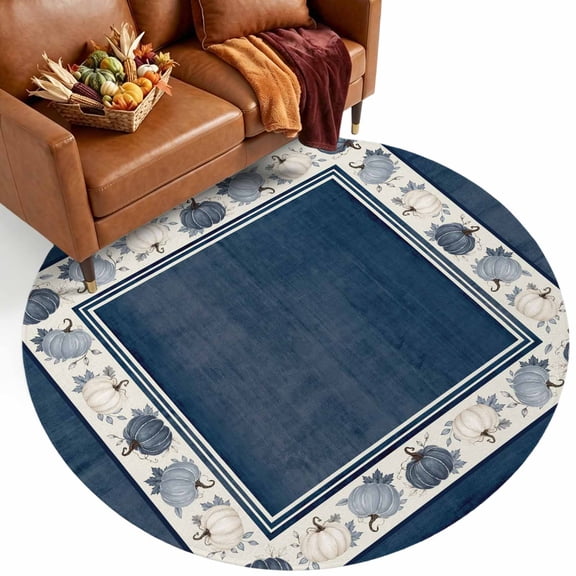 Fall Pumpkin Washable Round Area Rug 6 ft, Country Vintage Farmhouse Pumpkin Navy Blue Checkered Soft Non‑Slip Rugs Stain Repellent Indoor Mats for Medium‑Sized Living Room, Circular Dining Space