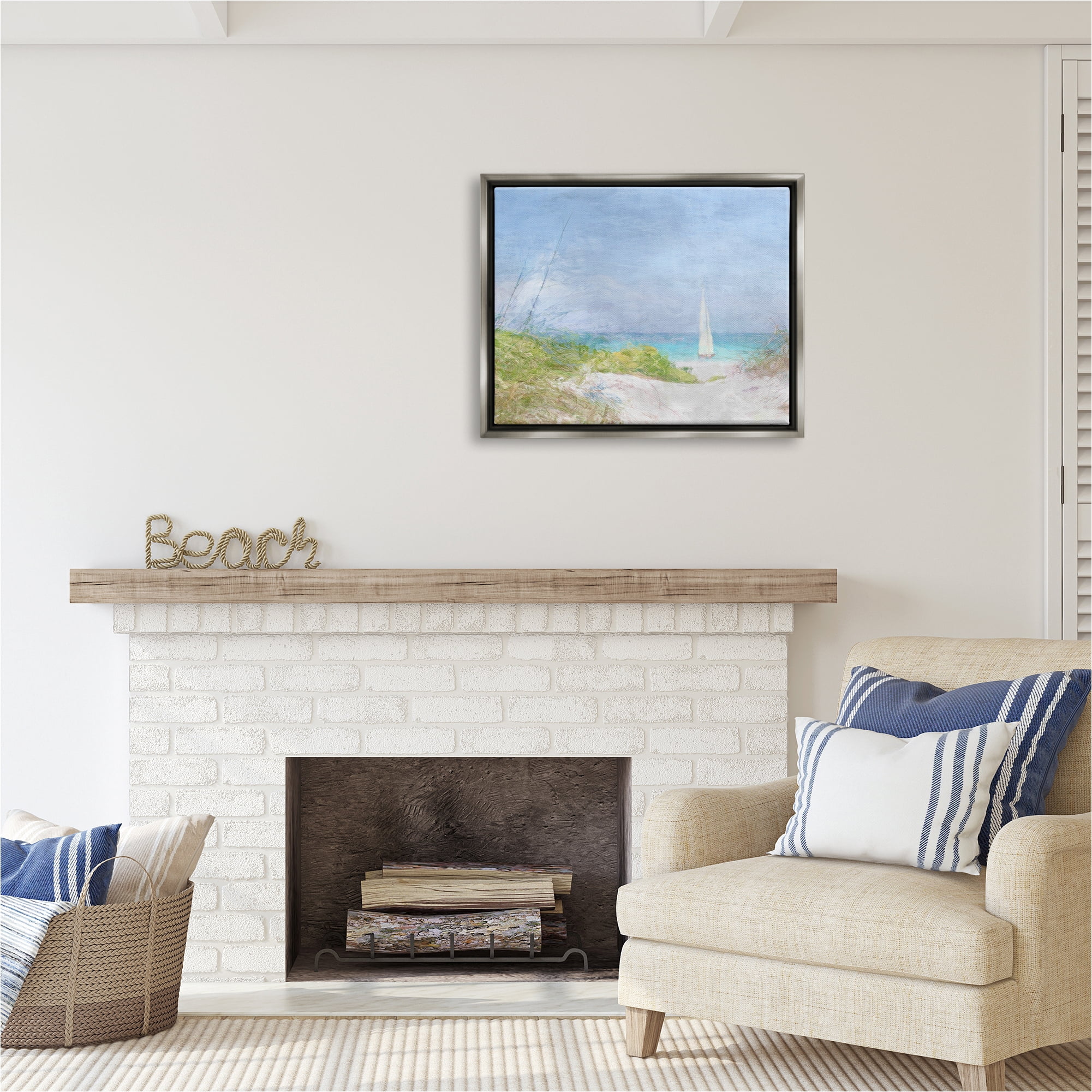 Stupell Industries Sailboat & Beach Path Transportation Painting Gray Floater Framed Canvas Art Print Wall Art, 31 x 25