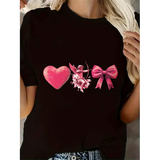 Women's Chic Love Cupid & Bow Print Tee - Casual Round Neck Short Sleeve Sportswear TopFather's Day,Camisetas para mujer, lindas camisetas con estampado gráfico, de manga corta, estilo casual, para ve