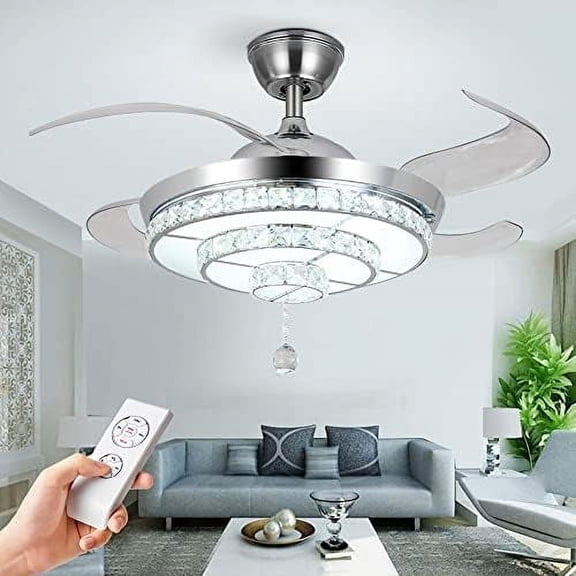 Modern 42'' Crystal Chandelier Ceiling Fan with LED Light Kit and Remote Invisible Ceiling Fan Light Retractable 3  Changing LED Fandelier for Living Room Bedroom$$Tools & Hardware Other