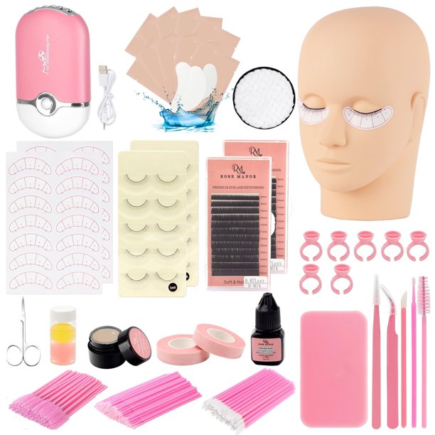 Rose Manor Kit de extensión de pestañas para principiantes, con cabeza de maniquí, pegamento individual, removedor de pestañas, abanico y herramientas para