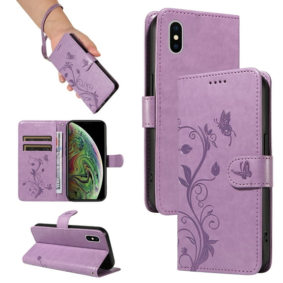 iPhone Xr Case Wallet with Cards Holder,Allytech Stylish Butterfly Embossed Shockproof Protective Flip Stand Cover for Girls Women Hand Wrist Wallet Case for Apple iPhone Xr - Purple