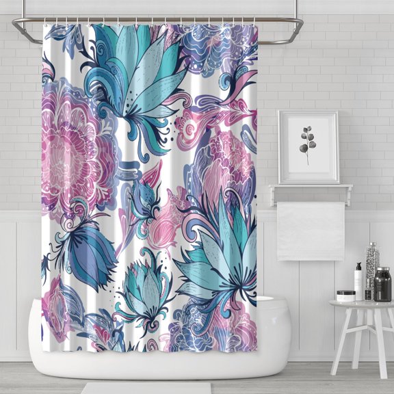 Waterproof Watercolor Elegant Lotus Flower Shower Curtain 72x72 Inch Boho Style Polyester Unique Shower Curtain for Bathroom Hotel Home Decor with 12 Plastic Hooks